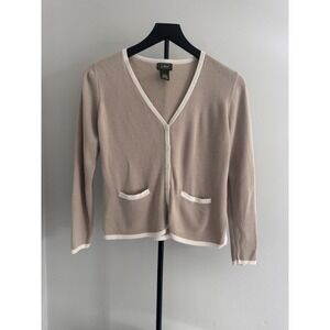 LL Bean Women's Cardigan XS Beige White‎ Trim Classic Preppy Knit Academic